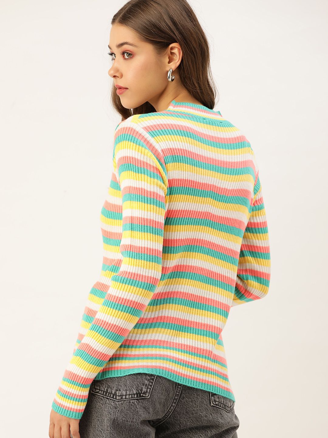 DressBerry Women Yellow & Green Striped Ribbed Pullover