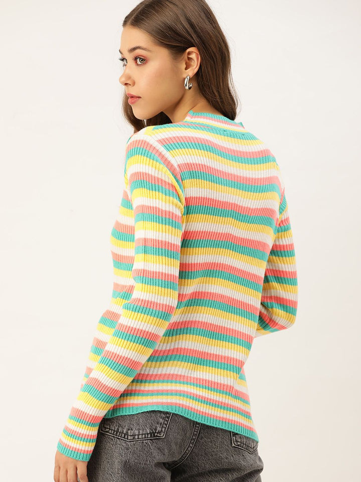DressBerry Women Yellow & Green Striped Ribbed Pullover