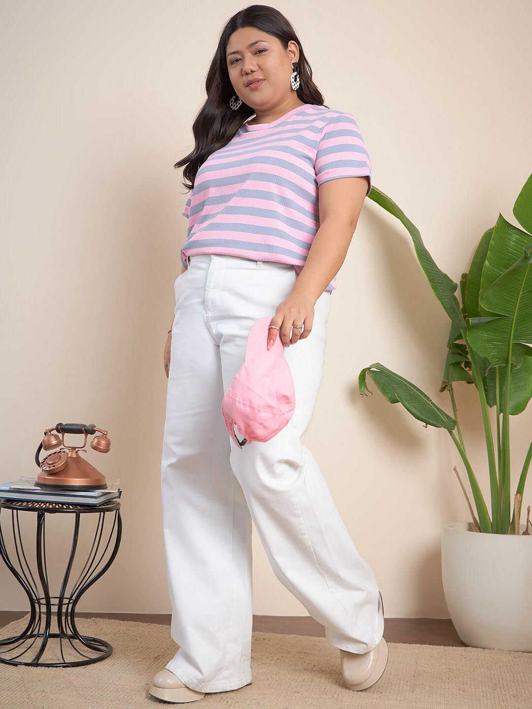 CURVY STREET Plus Size Striped Round Neck Top