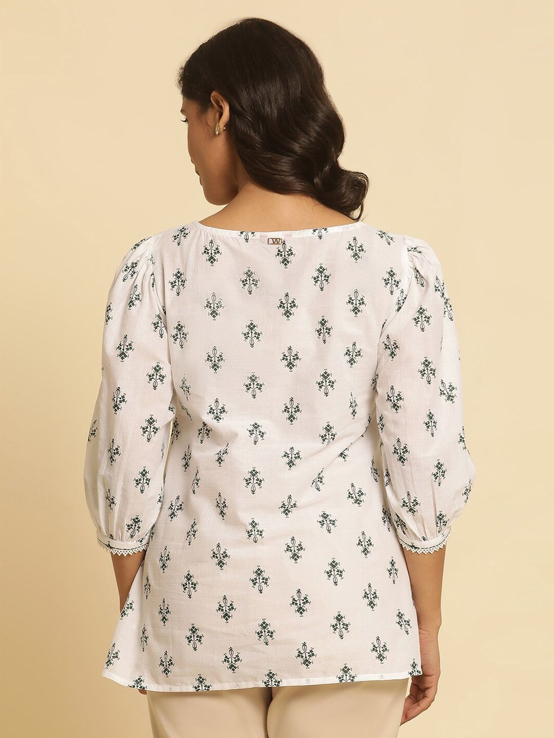 W Ethnic Motifs Printed Boat Neck Puff Sleeves Cotton Top