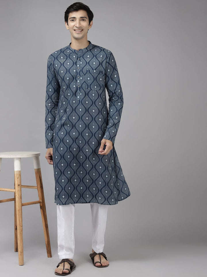 See Designs Men Blue Printed Pure Cotton Indigo Kurta with Trousers