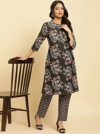 W Floral Printed Regular Pure Cotton Straight Kurta with Trousers