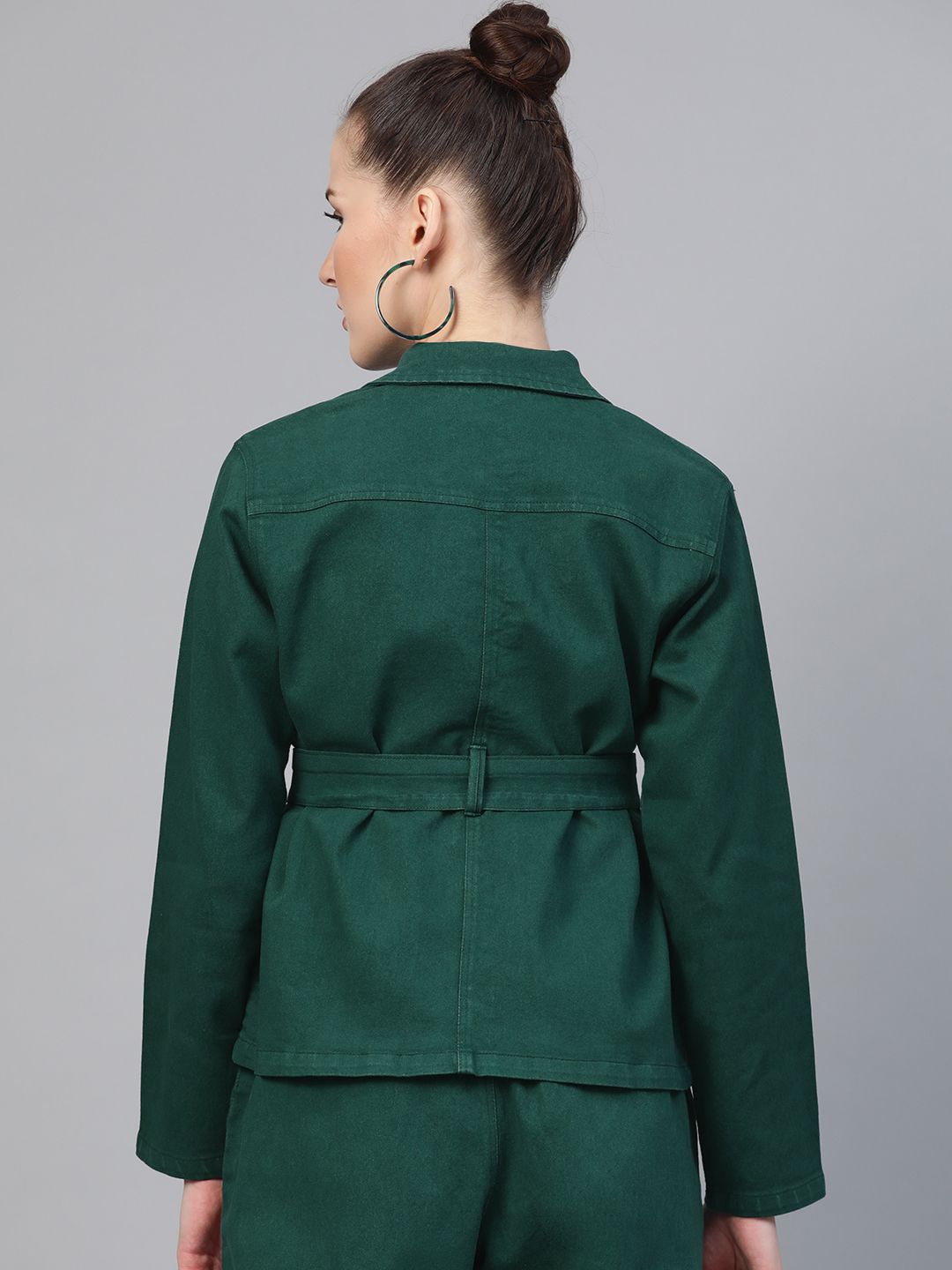 SASSAFRAS Women Green Solid Denim Jacket with Belt