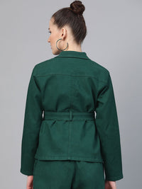 SASSAFRAS Women Green Solid Denim Jacket with Belt