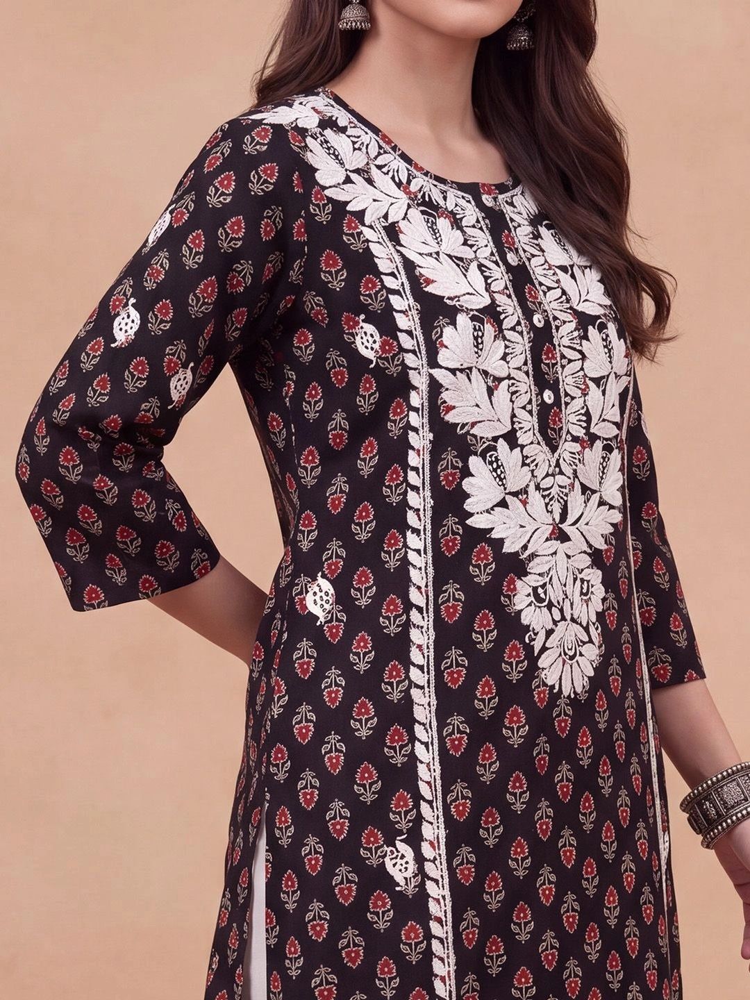 Rumah Wanita Chikankari Motif Etnik Benang Bercetak Kurta
