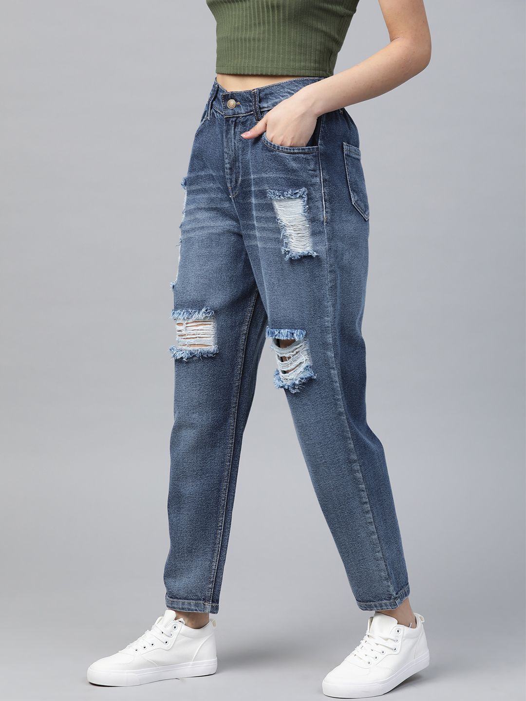 SASSAFRAS Women Blue Pure Cotton Comfort Fit High-Waist Highly Distressed Jeans