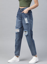 SASSAFRAS Women Blue Pure Cotton Comfort Fit High-Waist Highly Distressed Jeans