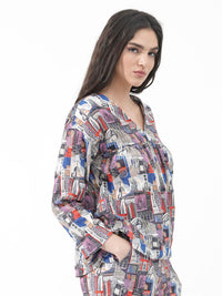 Rareism Conversational Printed V Neck Cotton Empire Top