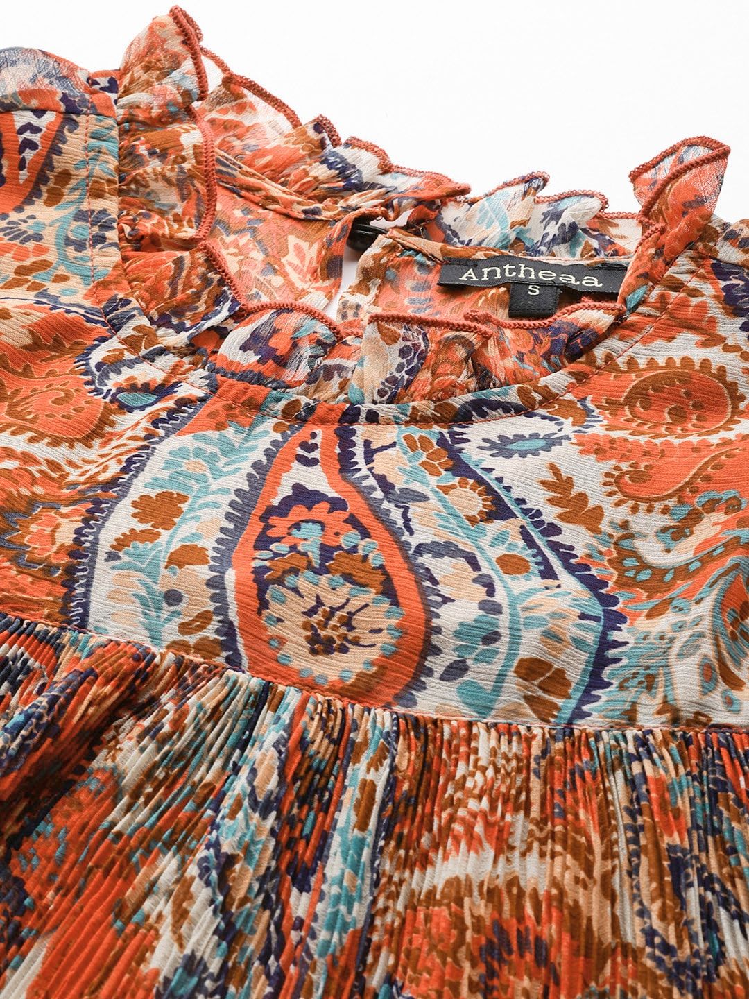 Antheaa Women Rust & Navy Blue Ethnic Motif Print Chiffon Cuffed Sleeves Top
