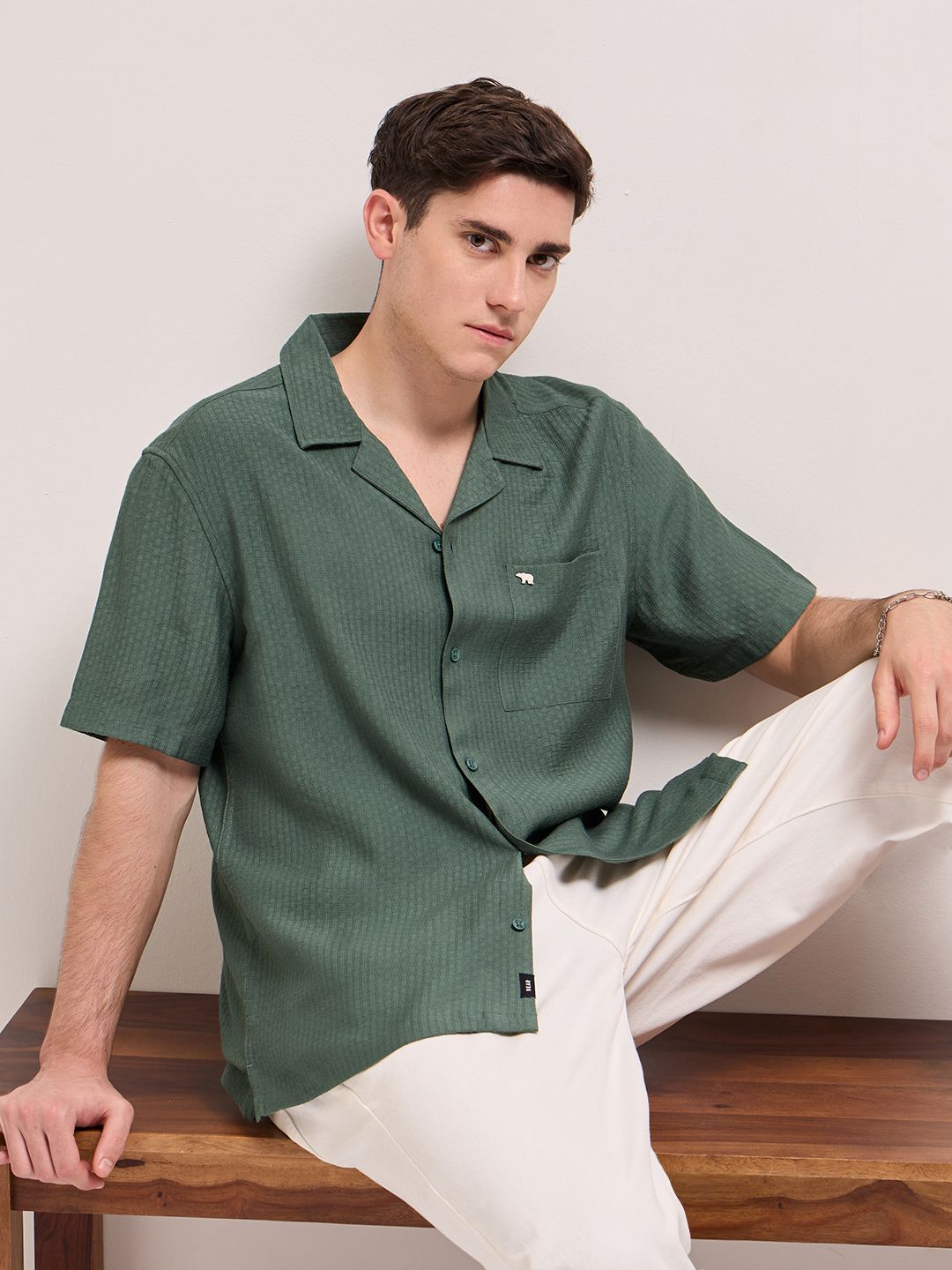 THE BEAR HOUSE Cuban Collar Textured Casual Shirt