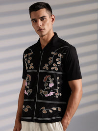 Eszett Men Floral Printed Cuban Collar Cotton Baju Kasual