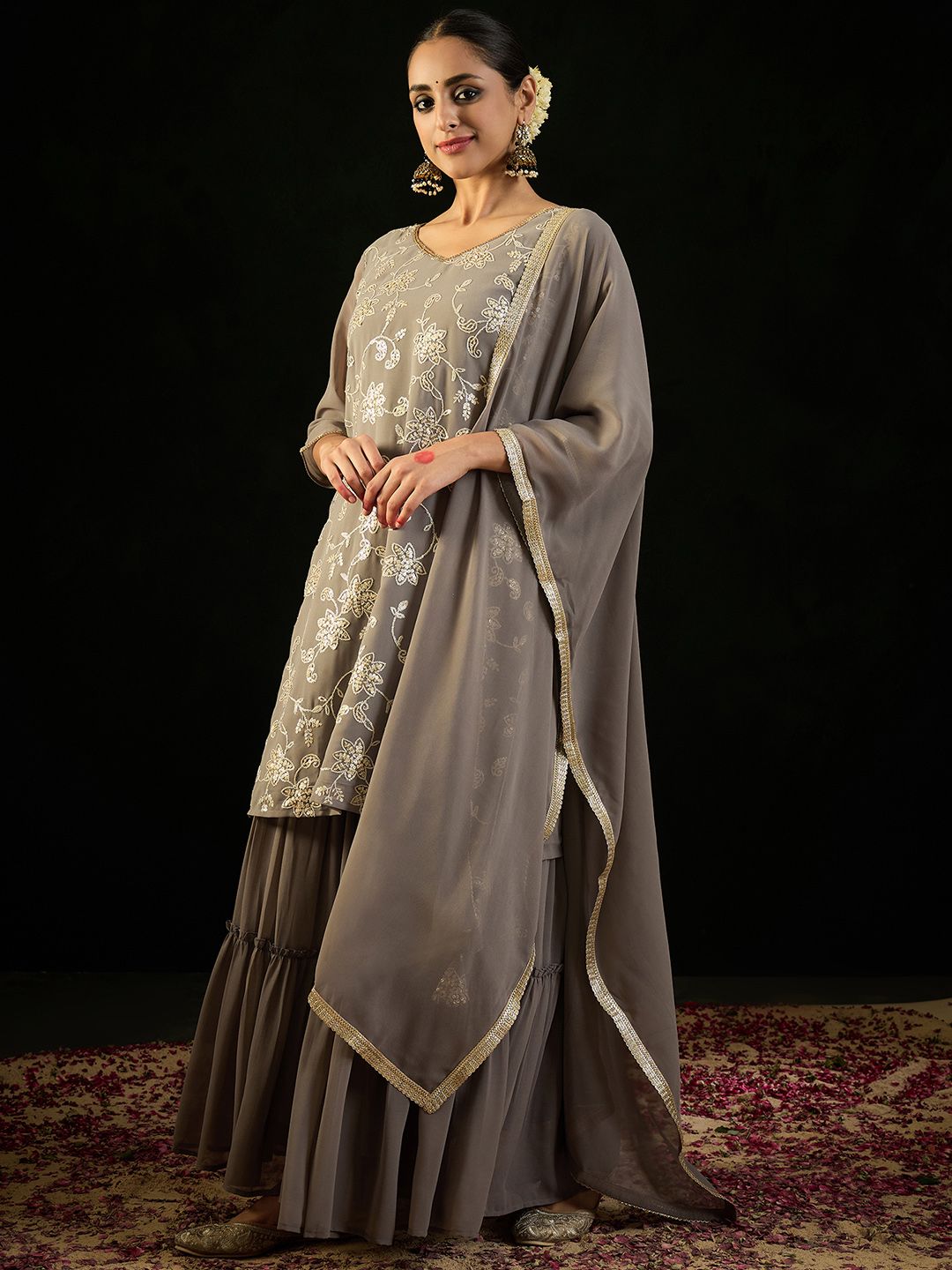 Indo Era V Neck Floral Embroidered Thread Work Kurta with Sharara & Dupatta
