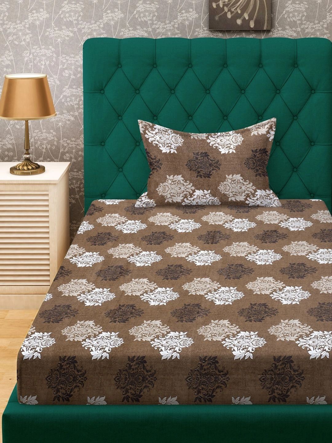 Moda Rapido X KLOTTHE Brown & White Floral 400 TC Single Bedsheet with 1 Pillow Covers