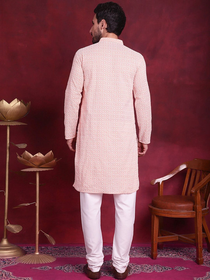 Jompers Floral Embroidered Chikankari Mandarin Collar Pure Cotton Kurta With Churidar