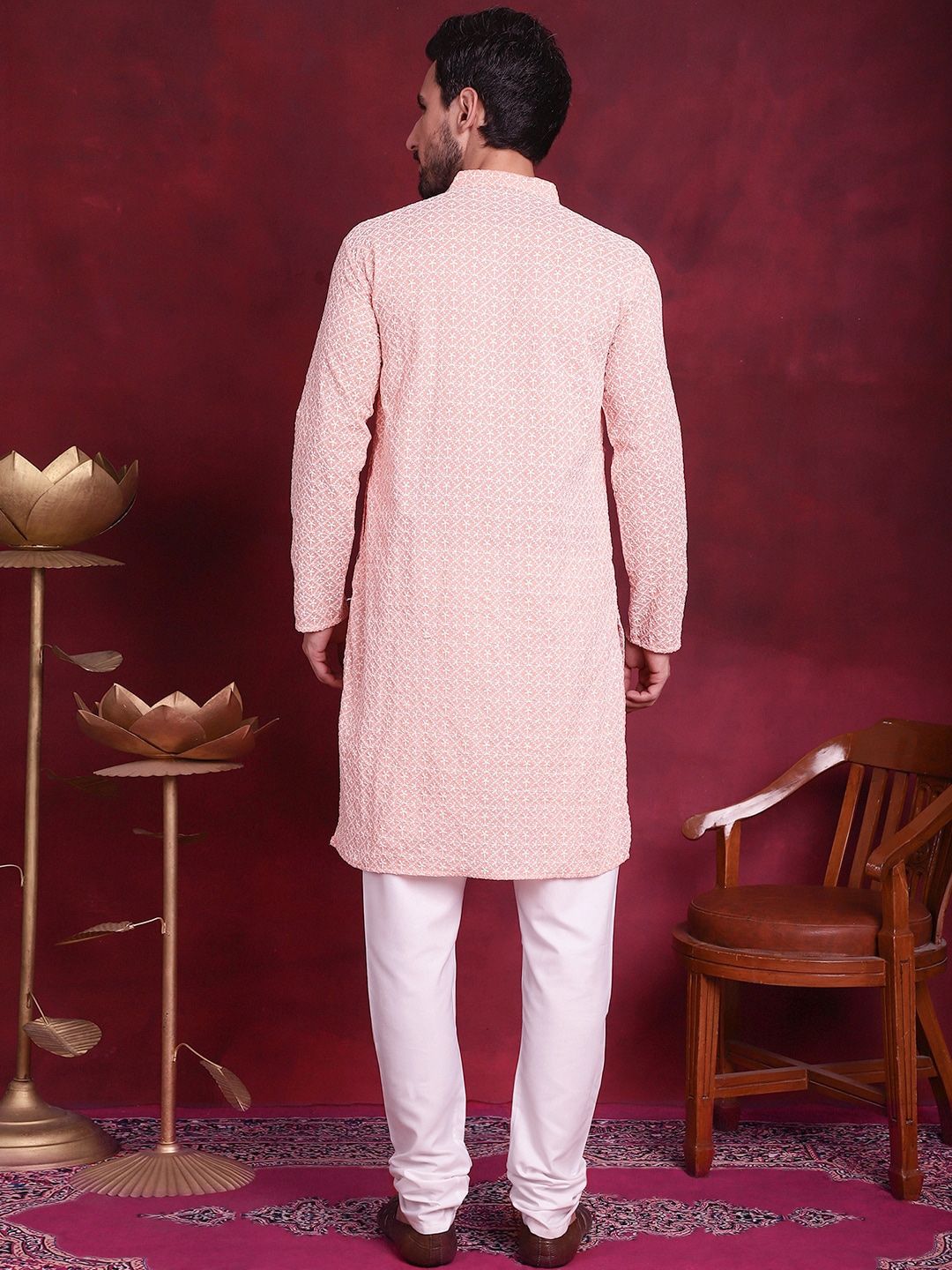Jompers Floral Embroidered Chikankari Mandarin Collar Pure Cotton Kurta With Churidar