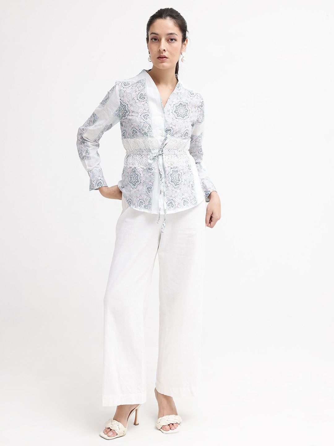 RAREISM Ethnic Motifs Printed Mandarin Collar Cotton Cinched Waist Top