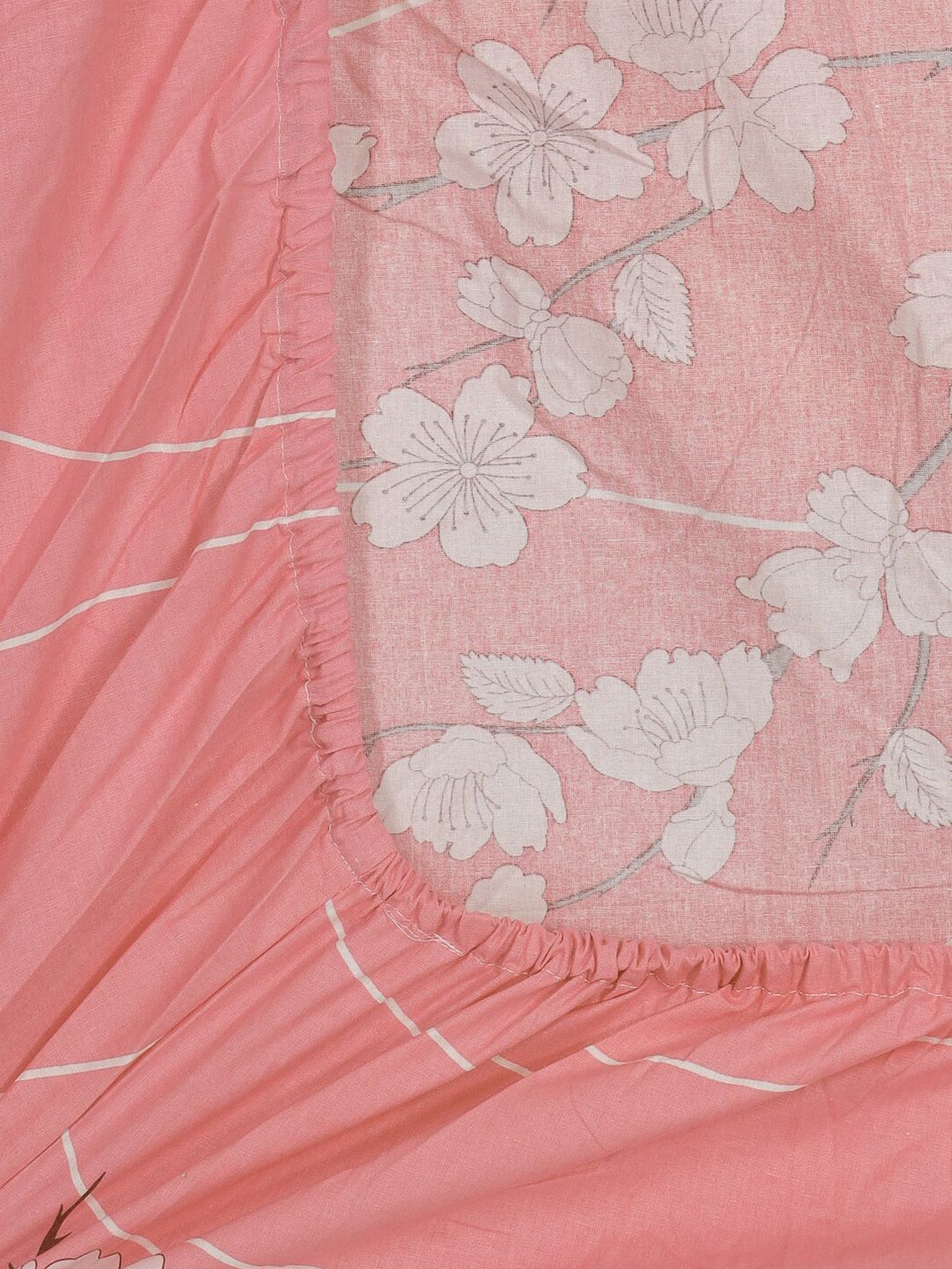 KLOTTHE Pink & White Floral-Printed 130 GSM Pure-Cotton Fitted Double King Bedsheet Set