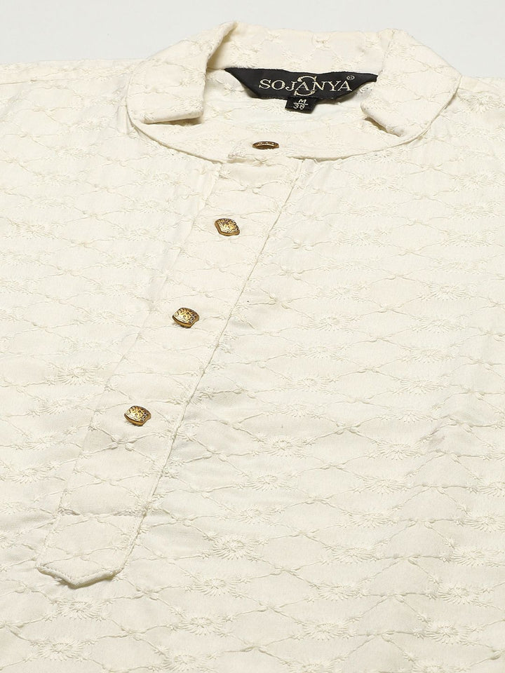 SOJANYA Men Cream-Coloured Chikankari Pure Cotton Kurta with Churidar & Nehru Jacket