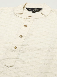 SOJANYA Men Cream-Coloured Chikankari Pure Cotton Kurta with Churidar & Nehru Jacket