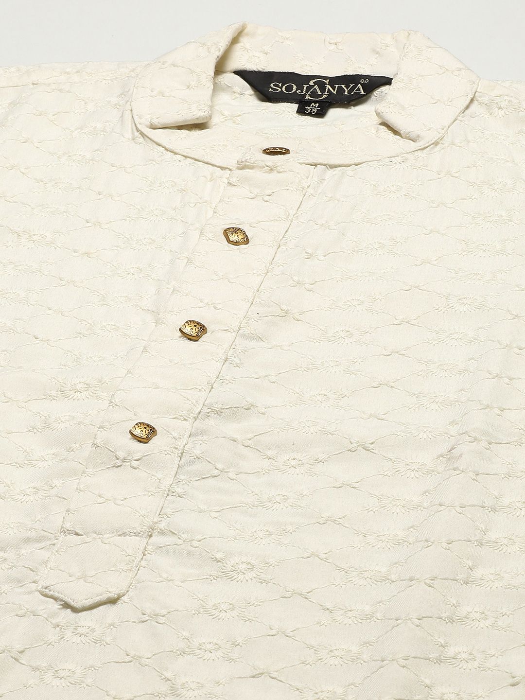SOJANYA Men Cream-Coloured Chikankari Pure Cotton Kurta with Churidar & Nehru Jacket