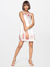 AND Women White & Red Floral Printed V-Neck Fit And Flare Dress