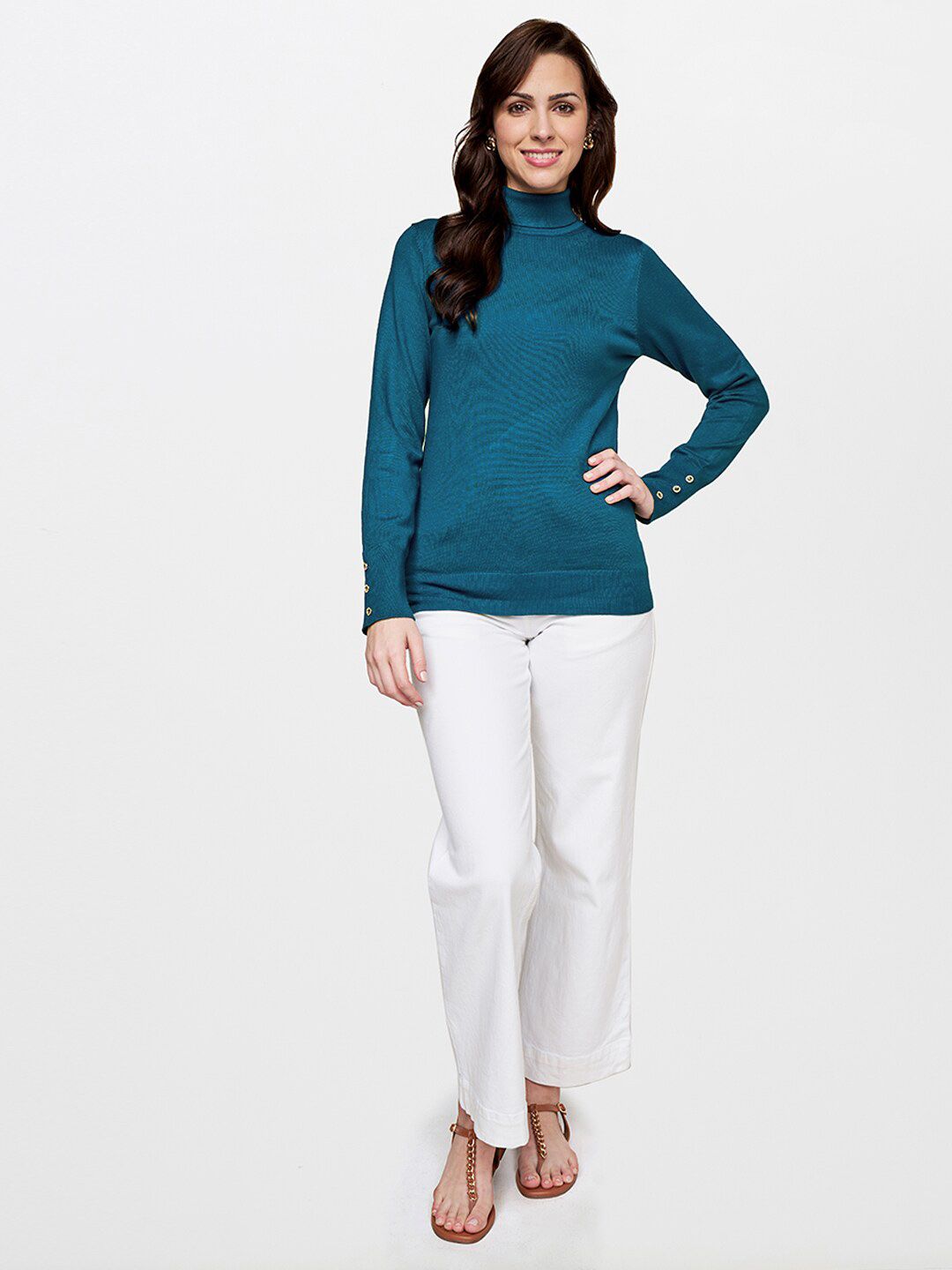AND Teal Solid Turtle Neck Regular Top