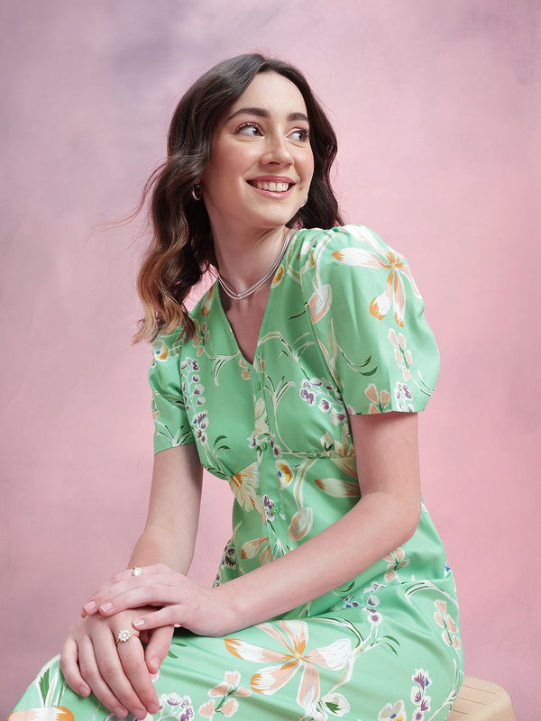 DressBerry Floral Print Puff Sleeves A-Line Midi Dress with Mock Buttons