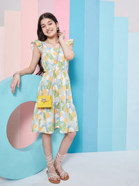 pspeaches Girls Floral Print Square Neck Flutter Sleeves Fit & Flare Dress