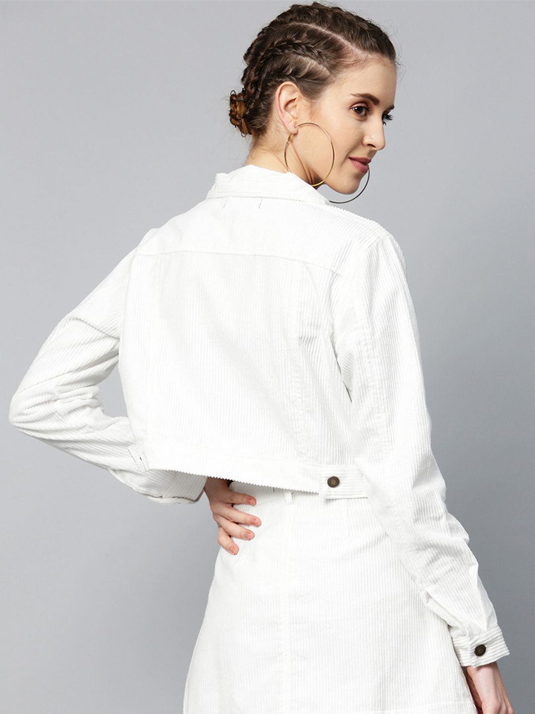 SASSAFRAS Women White Self-Striped Corduroy Crop Tailored Jacket