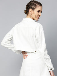 SASSAFRAS Women White Self-Striped Corduroy Crop Tailored Jacket