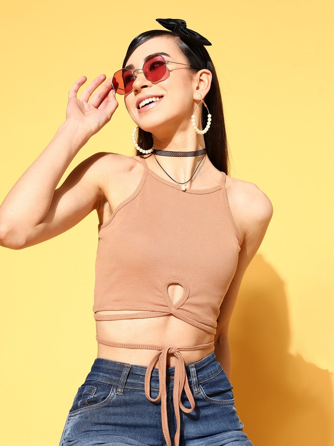 SASSAFRAS Women Classy Beige Solid Midriff Flossing Top