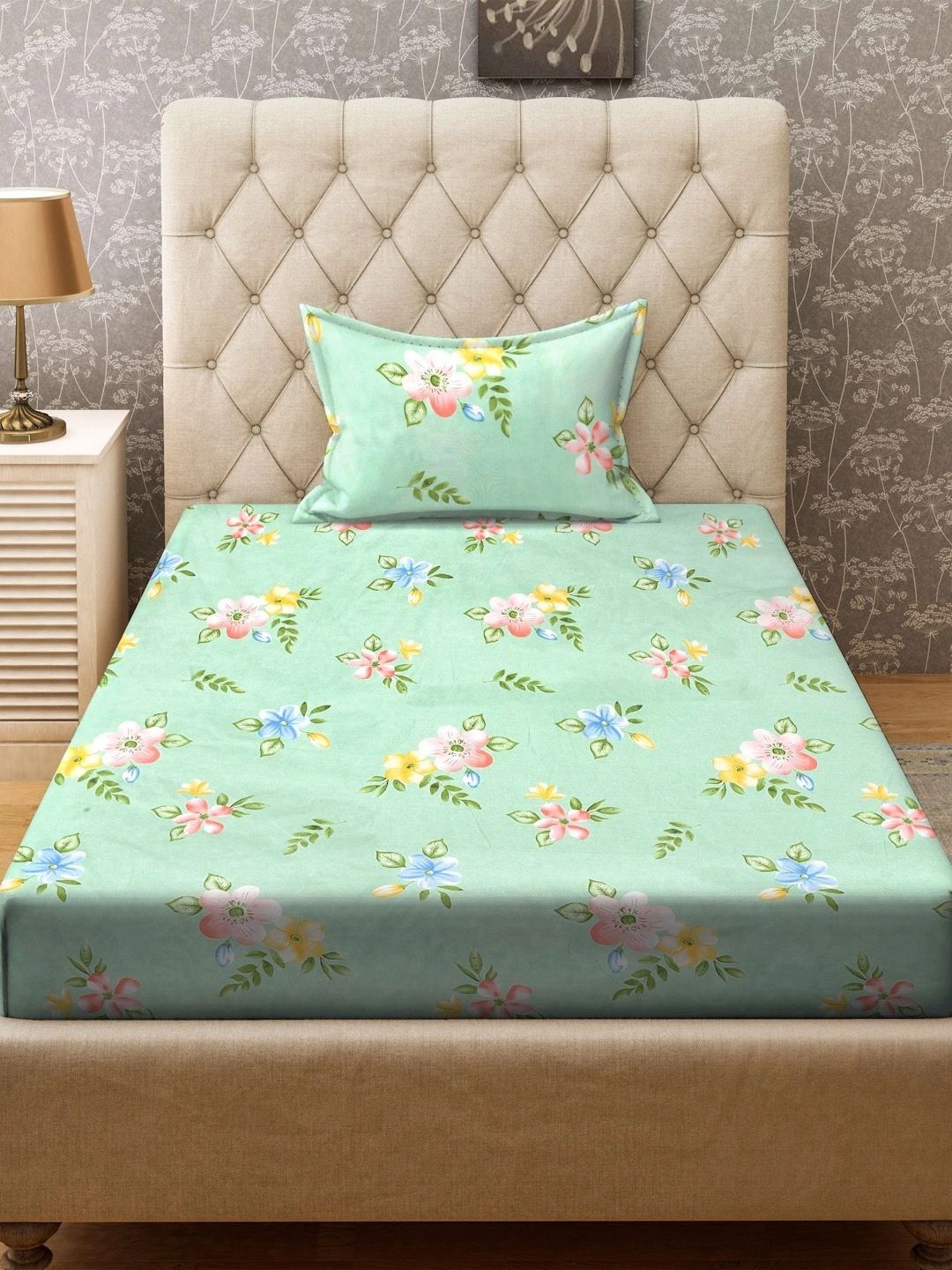 Moda Rapido X KLOTTHE Green & Pink Floral 300 TC Single Bedsheet with 1 Pillow Covers