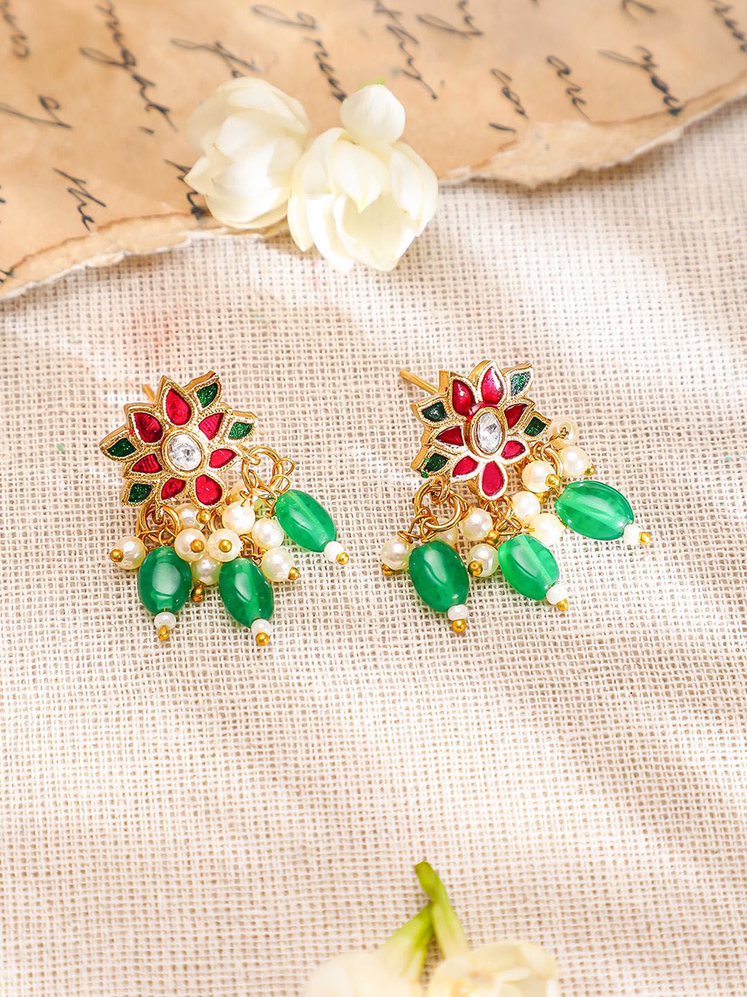 Rubans 22K Kalung Long Pink & Green Kundan yang berlapis emas dengan anting-anting