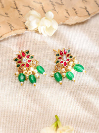 Rubans 22K Kalung Long Pink & Green Kundan yang berlapis emas dengan anting-anting