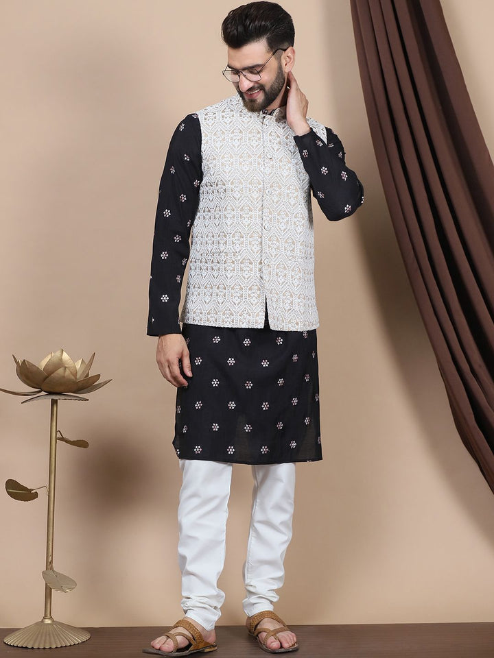 Anouk Black Embroidered Sequinned Cotton Silk Straight Kurta & Churidar & Nehru jacket