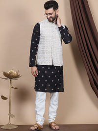 Anouk Black Embroidered Sequinned Cotton Silk Straight Kurta & Churidar & Nehru jacket