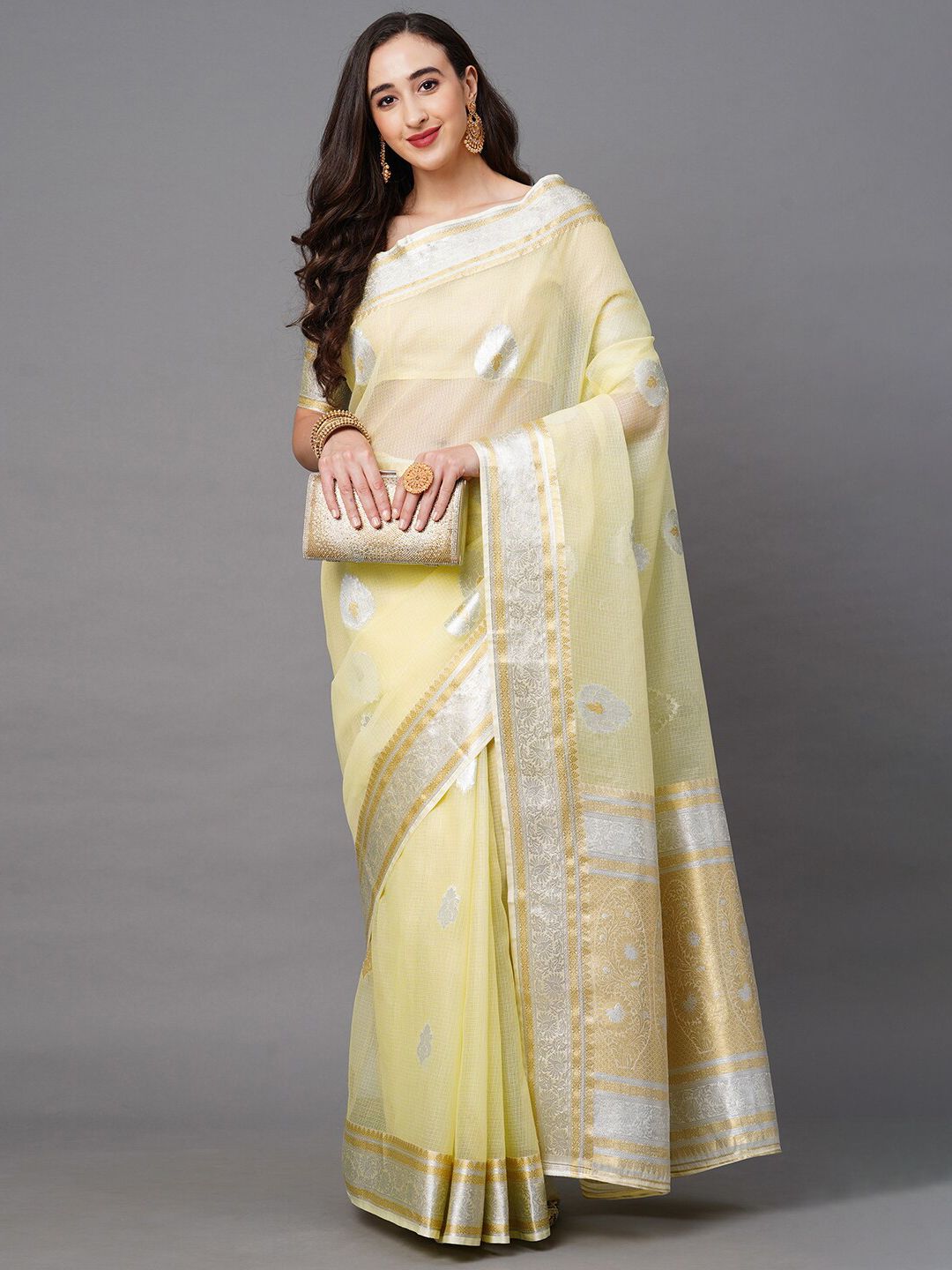 Saree mall Yellow & Silver-Toned Woven Design Silk Blend Banarasi Sarees