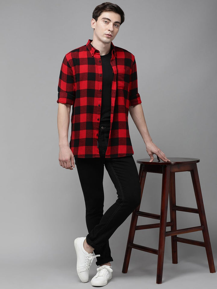 THE BEAR HOUSE Men Red Flannel Slim Fit Pure Cotton Checked Casual Shirt