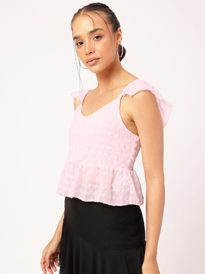 DressBerry Pastel Dreams Dobby Weave Ruffled Sleeves Back Lace-Up Peplum Top