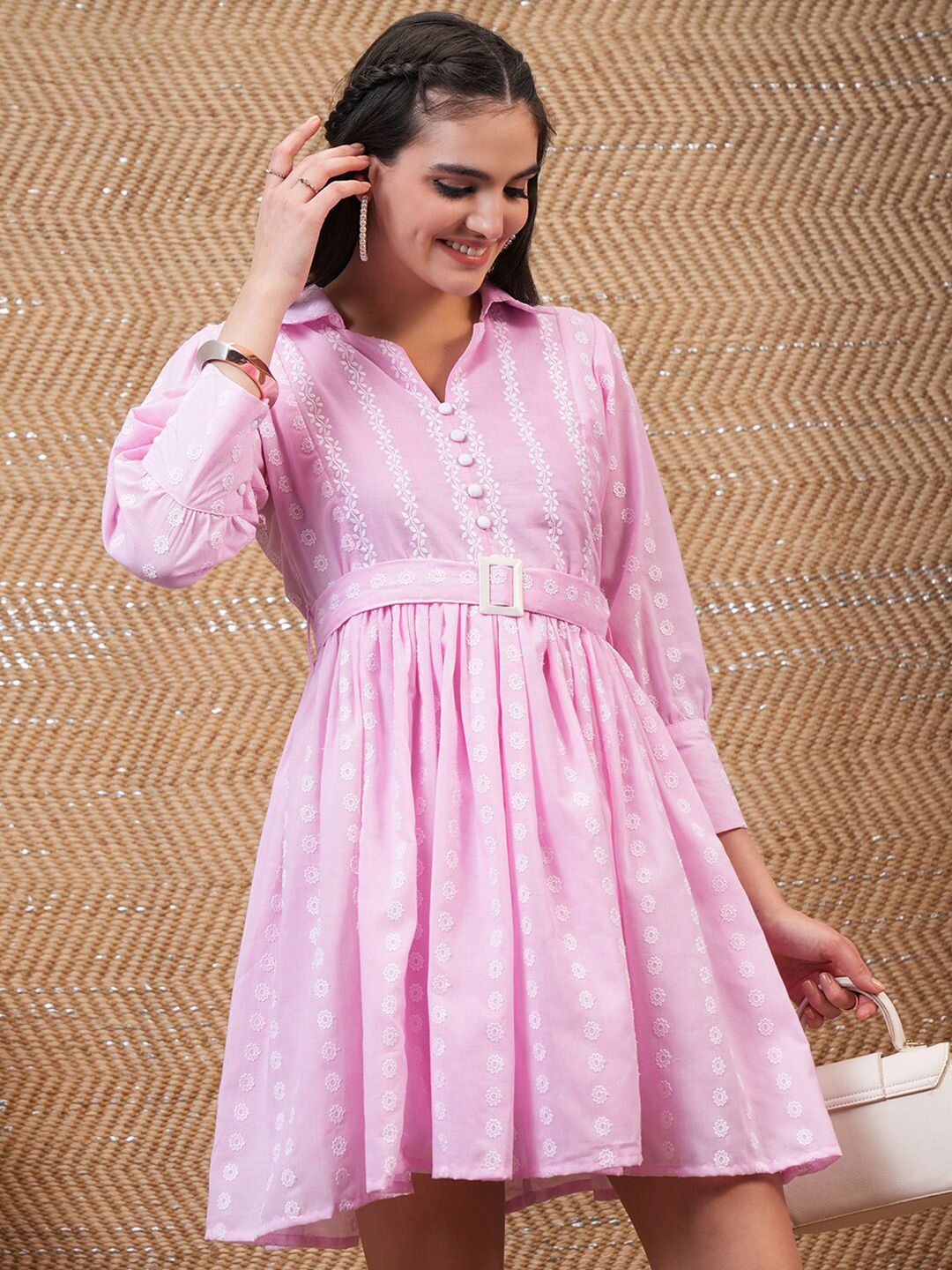 Vishudh Pink Floral Embroidered Belted Fit & Flare Dress