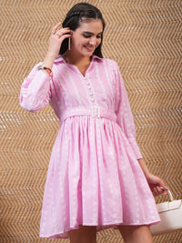 Vishudh Pink Floral Embroidered Belted Fit & Flare Dress