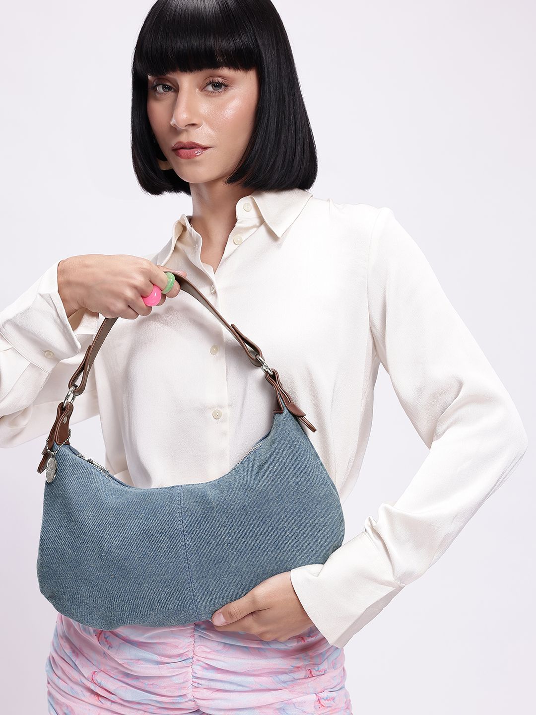 DressBerry Textured Baguette Hobo Bag