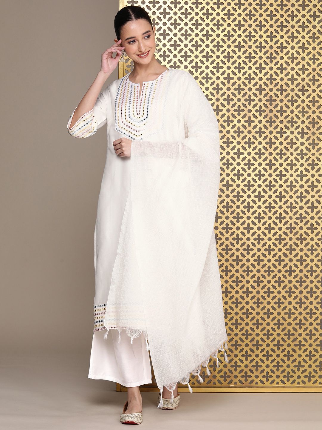 House of Pataudi Embroidered Beads and Stones Jashn Kurta with Palazzos & Dupatta