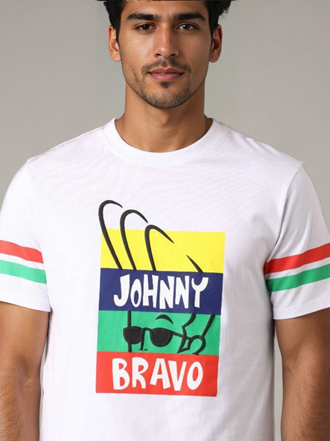 The Indian Garage Co Men Johnny Bravo Graphic Printed Round Neck Cotton Slim Fit T-shirt