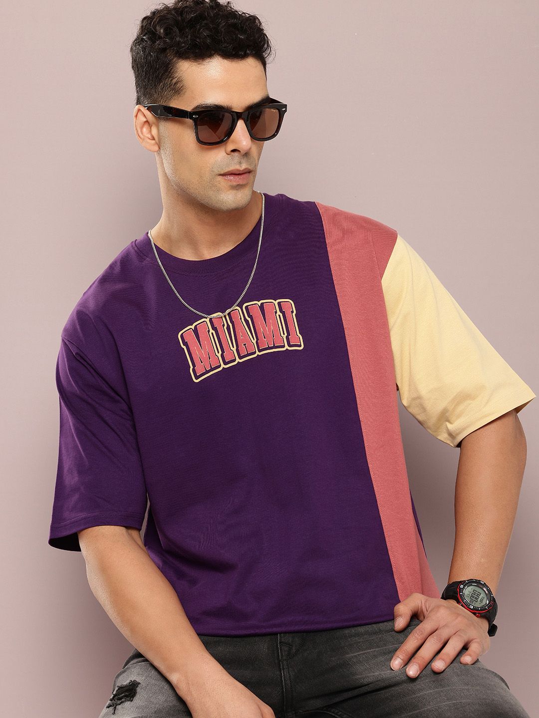 DILLINGER Men Colourblocked Drop-Shoulder Sleeves Oversized Embossed Pure Cotton T-shirt