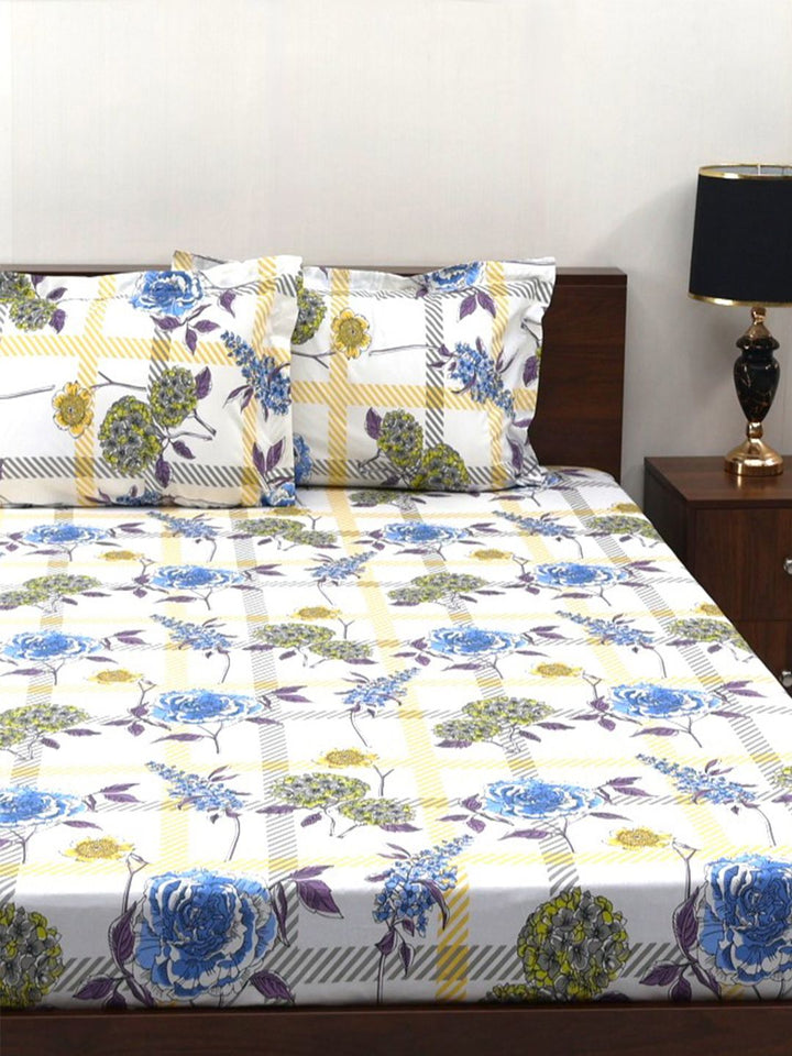 BOMBAY DYEING Allure Blue Floral Cotton 144 TC Queen Fitted Bedsheet Set-1.52mX198 mX30cm