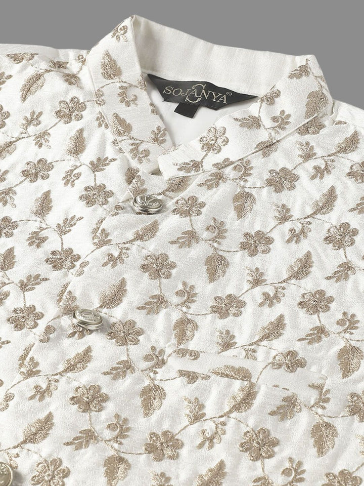 SOJANYA Men Ethnic Motifs Embroidered Pure Cotton Kurta With Pyjamas & Nehru Jacket