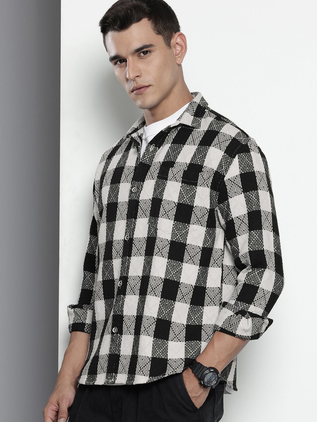 The Indian Garage Co Pure Cotton Textured Checks Opaque Relaxed Fit Casual Shirt