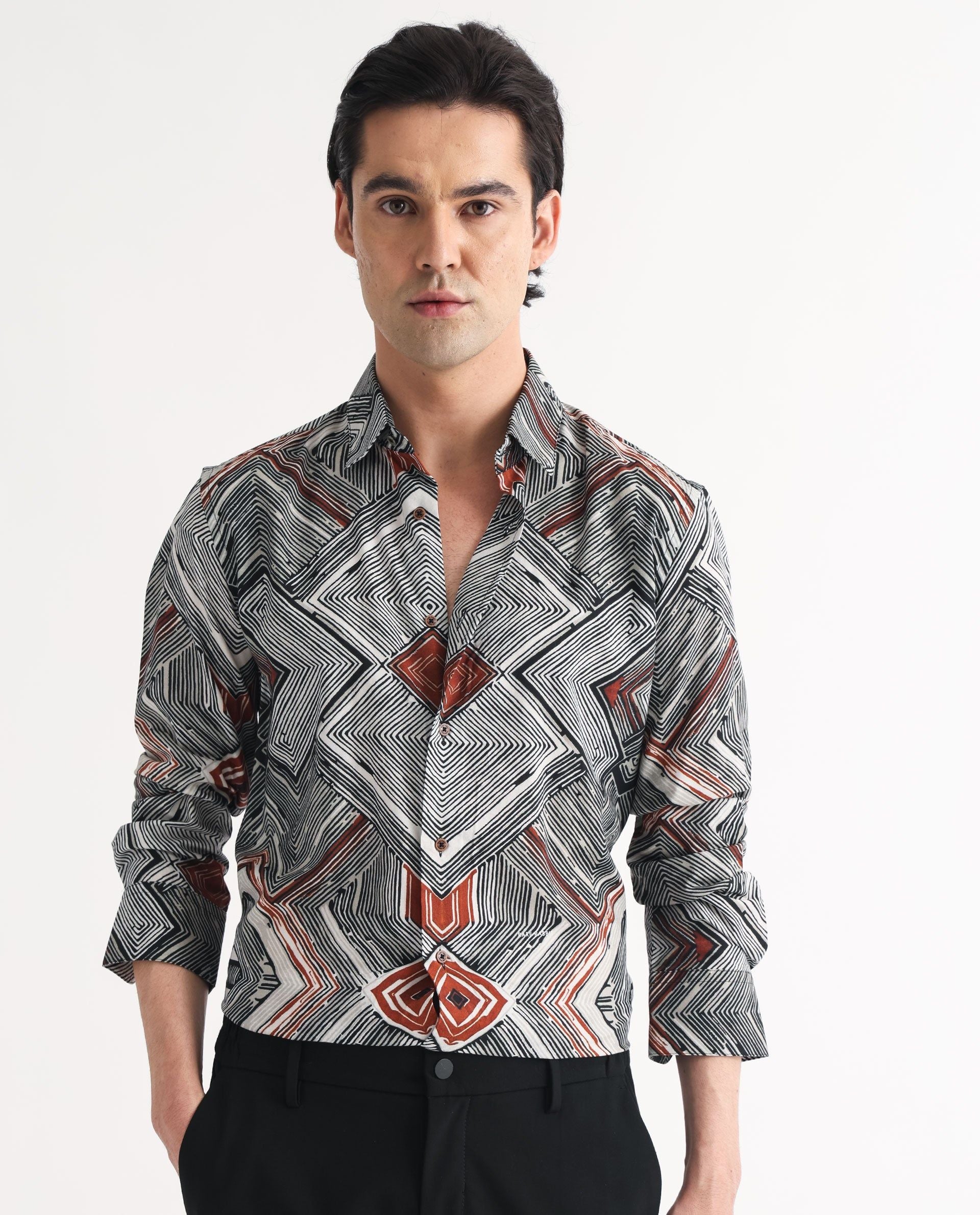 RARE RABBIT Men Sart Abstract Printed Slim Fit Cotton Shirt