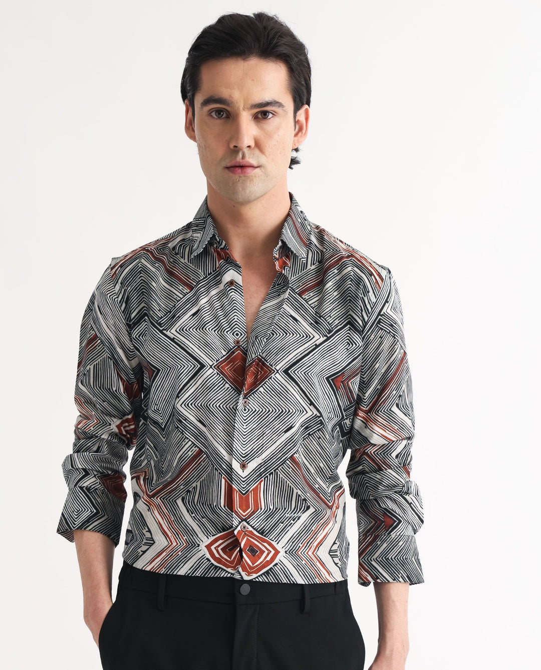 RARE RABBIT Men Sart Abstract Printed Slim Fit Cotton Shirt